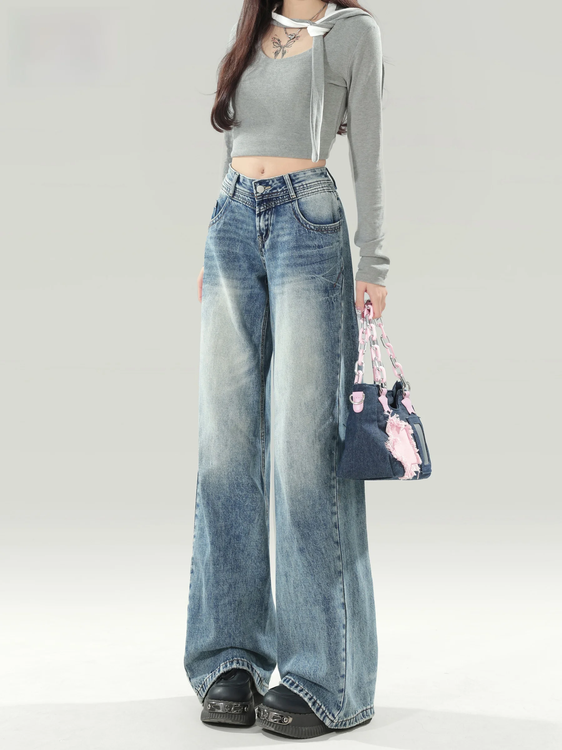 

Ретро-синие джинсы с низкой талией и прямыми штанинами, женские летние новые тонкие свободные брюки с широкими штанинами, повседневные, с высокой талией