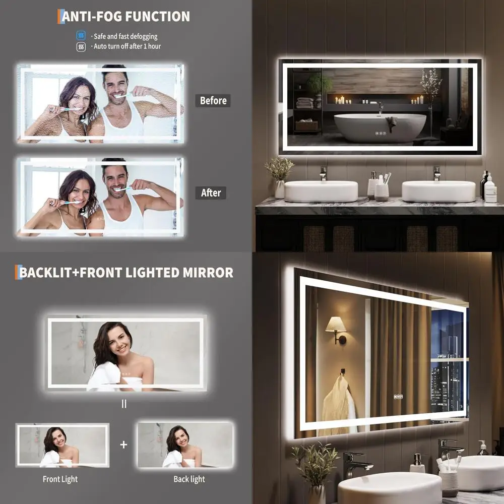 Miroir LED 55x26 à intensité variable, antibuée, rétroéclairage et éclairage avant, miroir de courtoisie mural avec fonction mémoire, incassable, Horizo