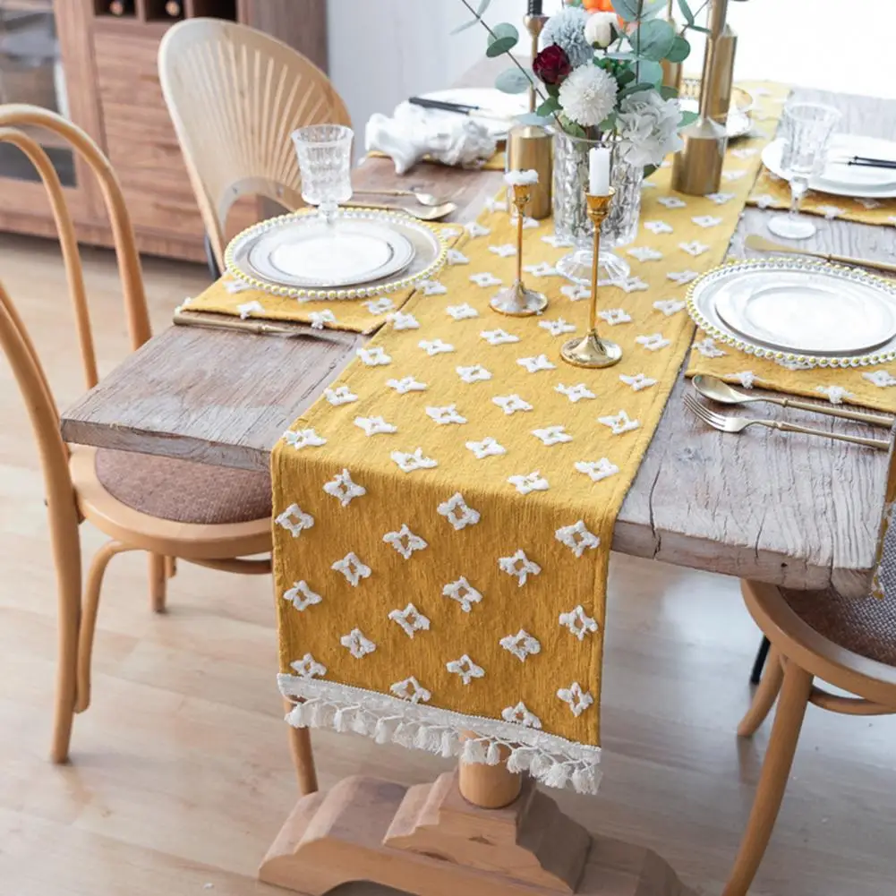 Bohemian Table Runner Boho Burlap Yellow Table Runner Durable Stain-resistant Cloth for Kitchen Dining Parties Table Decoration