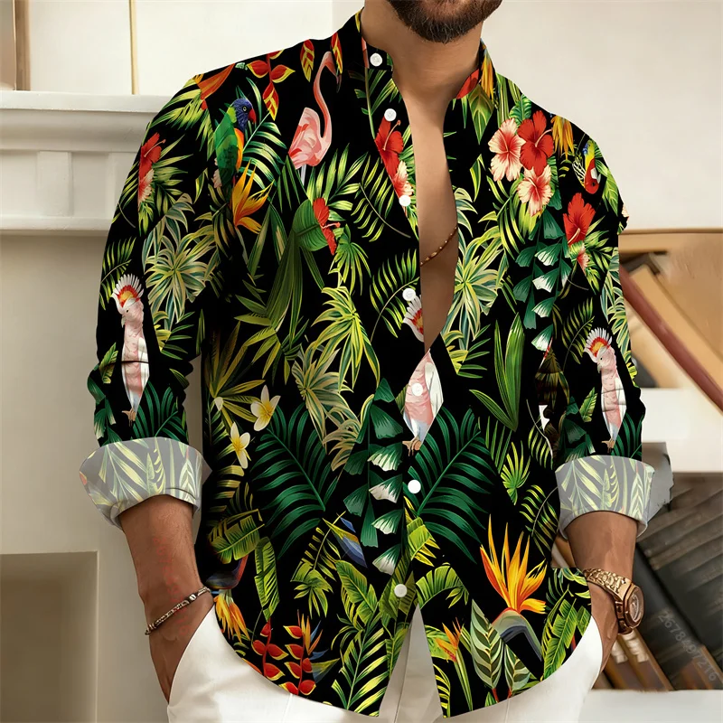 

New men's tropical plant print long-sleeved shirt, featuring a unique flamingo and parrot pattern, a stylish and casual top.