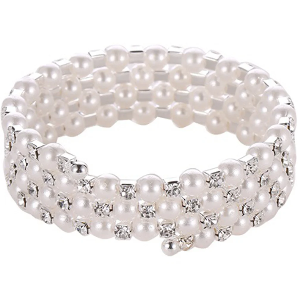 اللؤلؤ الراين الإسورة سوار بسط الزفاف المعصم مجوهرات النساء مظهر رائع سهلة ارتداء هدية مثالية عيد ميلاد #6