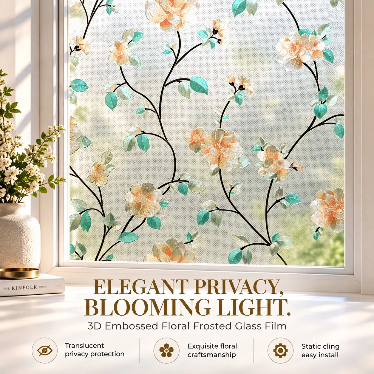 Floral Window Film Privacy Decorative Glass Sticker Peach Blossom Green Leaf Static Cling No Glue for Home Bathroom Living Room