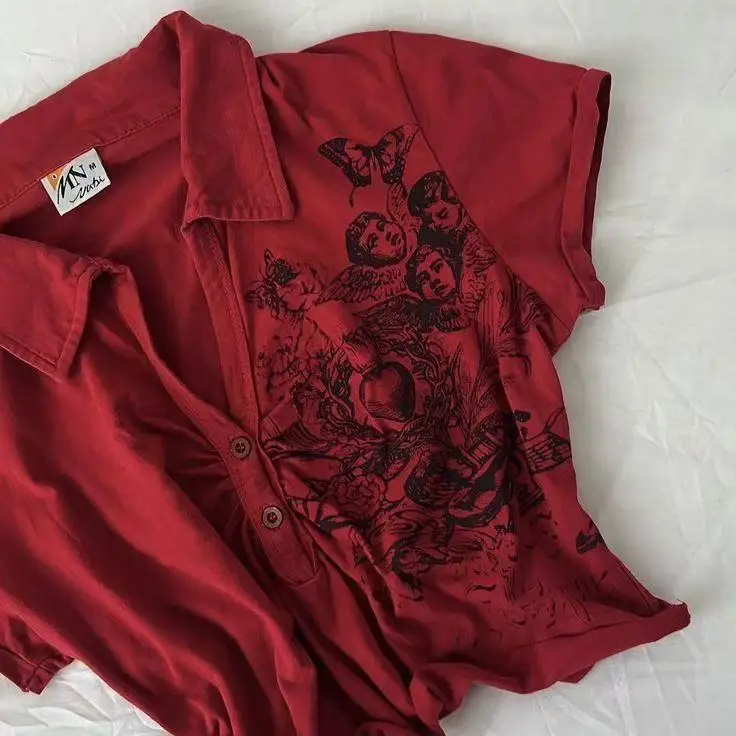 

European and American Short Sleeved Summer Gothic Printed Red Polo Shirt T-shirt, High Street Y2k Retro Top Casual Wea