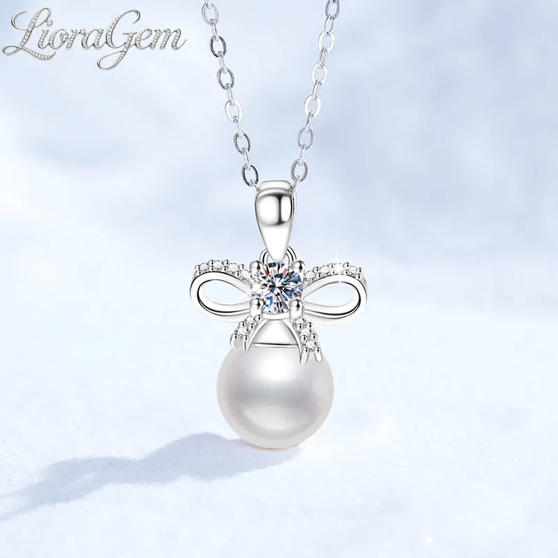 LioraGem Platinum PT950 Stylish Moissanite Necklace, Women's Necklace with Natural Freshwater Pearl Bow Pendant