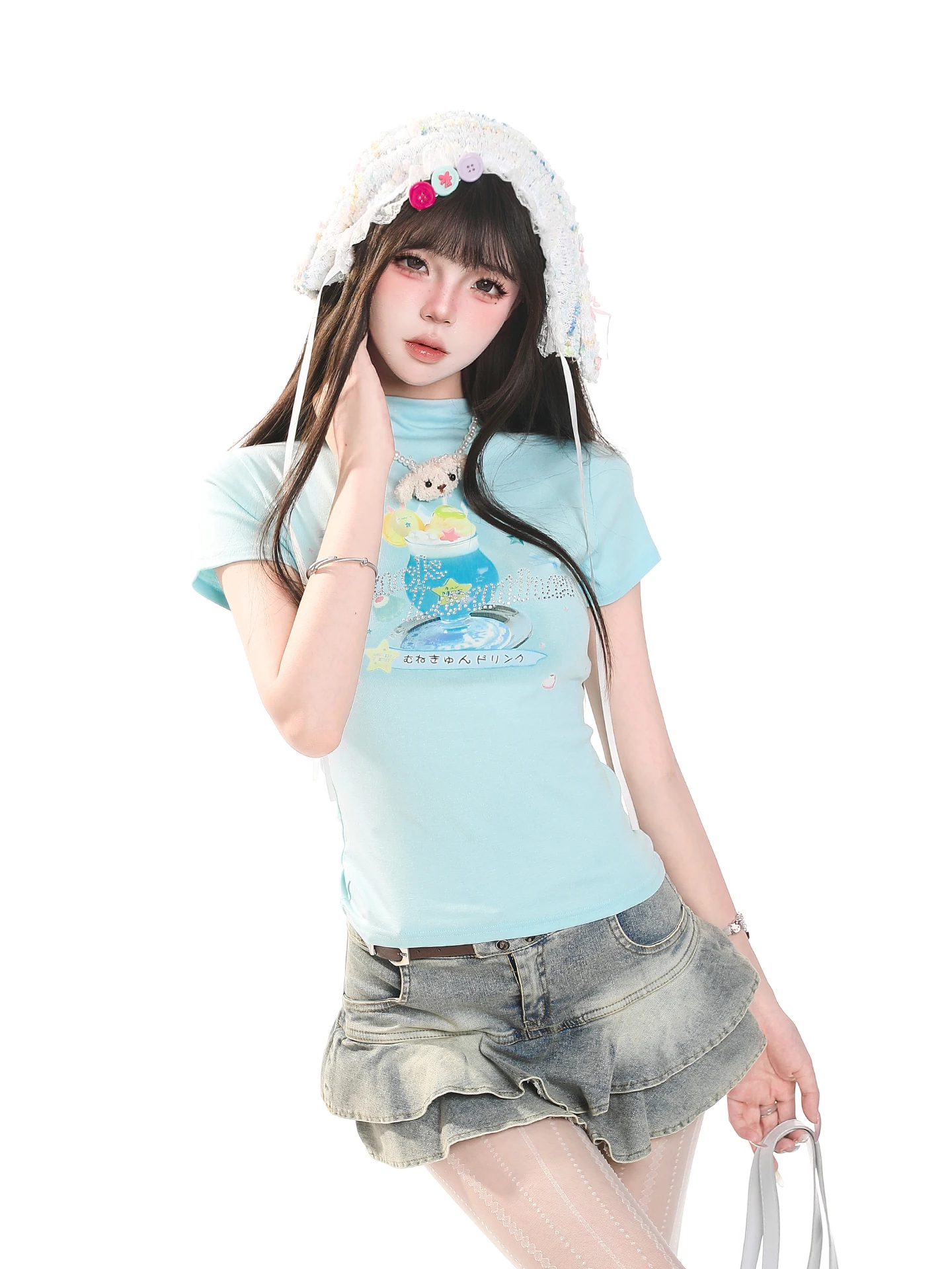 Dopamine Cartoon Print Short Sleeve T-Shirt Women's Summer New Sweet Youthful Chic Versatile Slimming Slim Fit Casual round N...