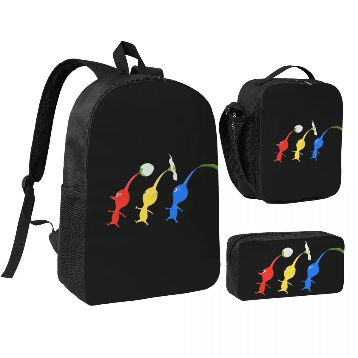 

3 Pikmin Running Backpack Student Boys Girls BookBag School Bag Computer Shoulder Bags 3ps Insulated Lunch Bag Pencil Case