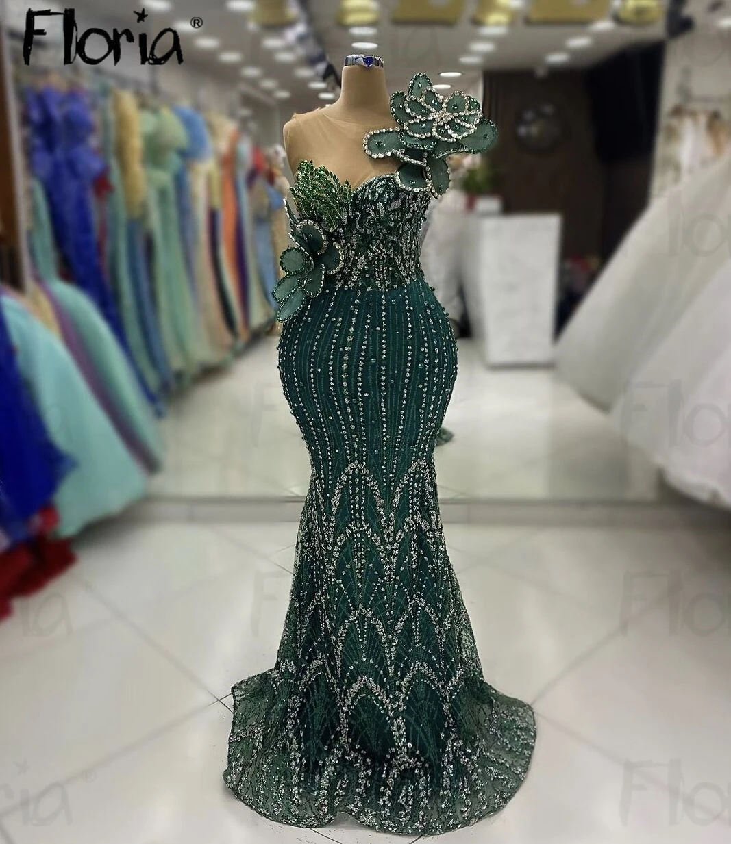 Green 3D Flowers One Shoulder Party Dress Glitter Mermaid Midi Long Cocktail Dress 2024 Women Wedding Guest Night Gowns Elegant