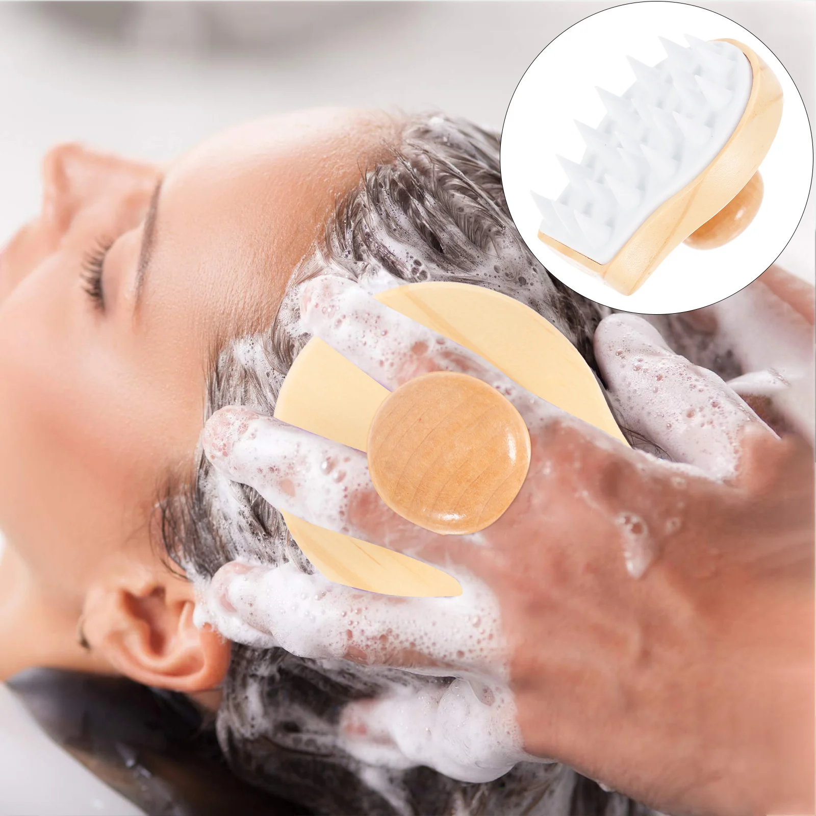 

Wooden Handle Shampoo Brush Silicone Scalp Massage Hair Cleansing Brush Relaxation Stress Relief for Wet Dry Hair