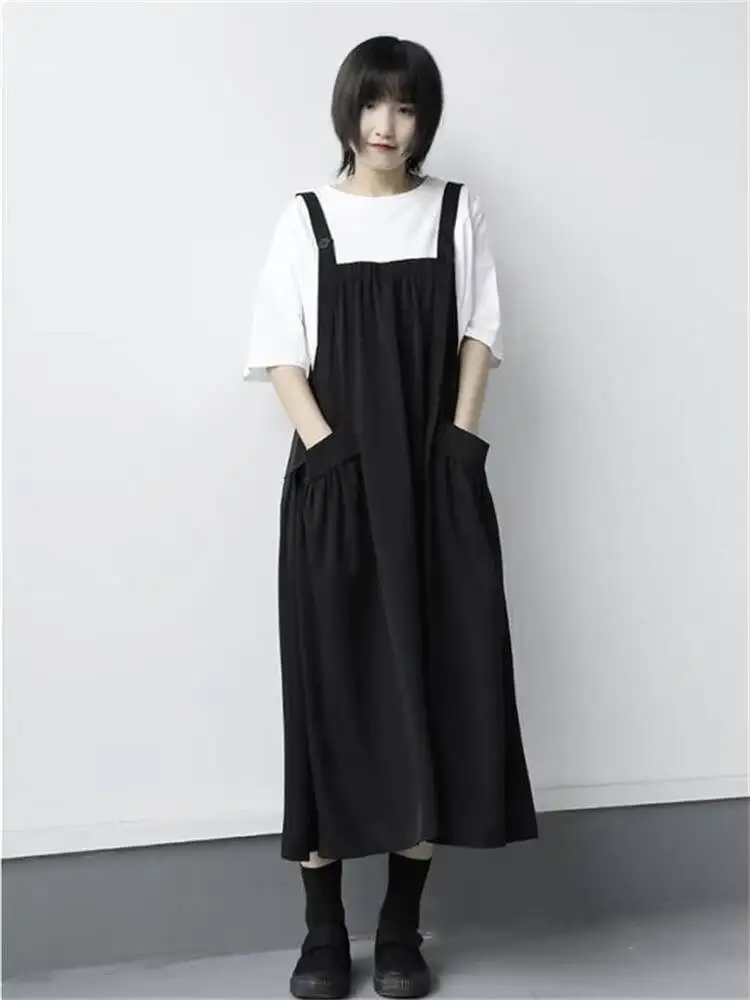 Lady Strap Dress Summer New Style Day Fastens Contracted Big Pocket Adornment Recreational Loose Large Size Condole Strap Skirt