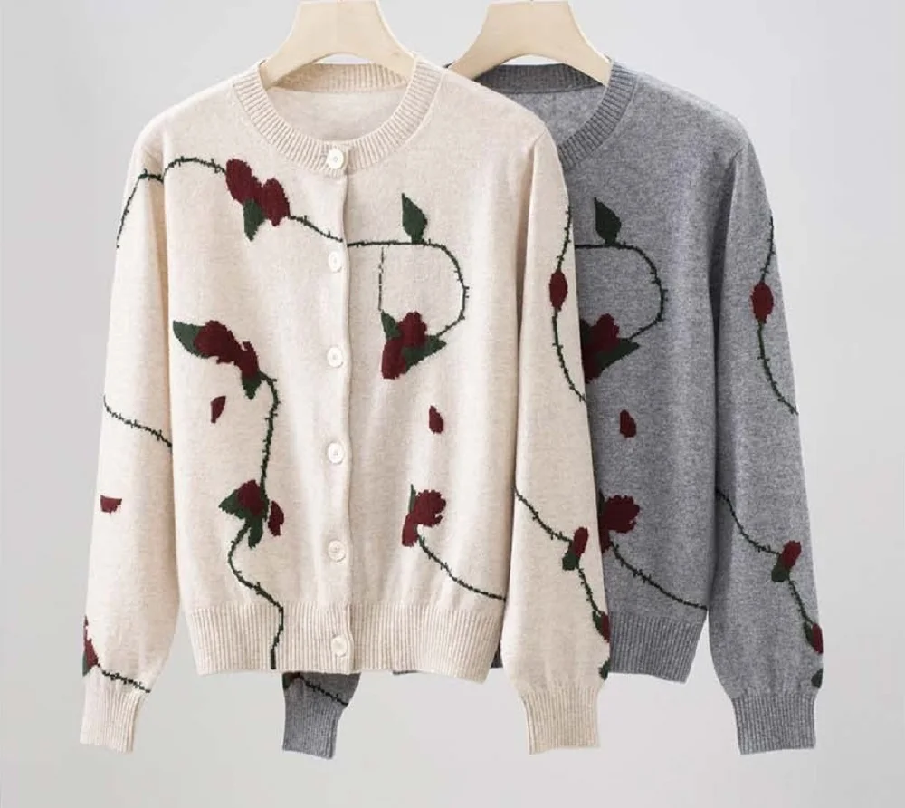 

Top Quality New Coats 2025 Autumn Winter Wool Cashmere Knitting Vintage Jacquard Flower Patterns Long Sleeve Grey Apricot Coat