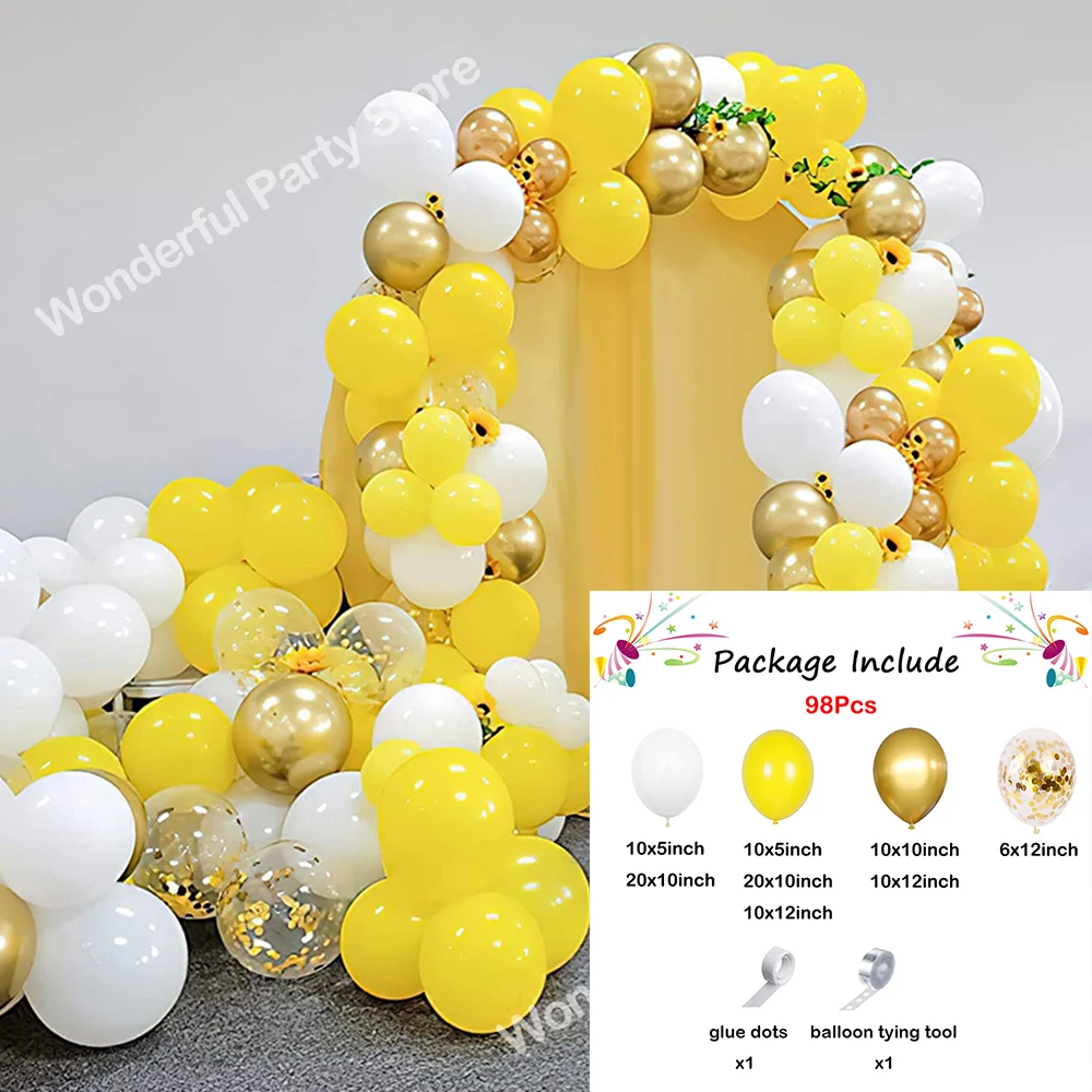 98Pcs Yellow Ballon Arch Kit Garland White Metal Gold Confetti Balloon Wedding Birthday Party Bridal Baby Girls Shower Decor