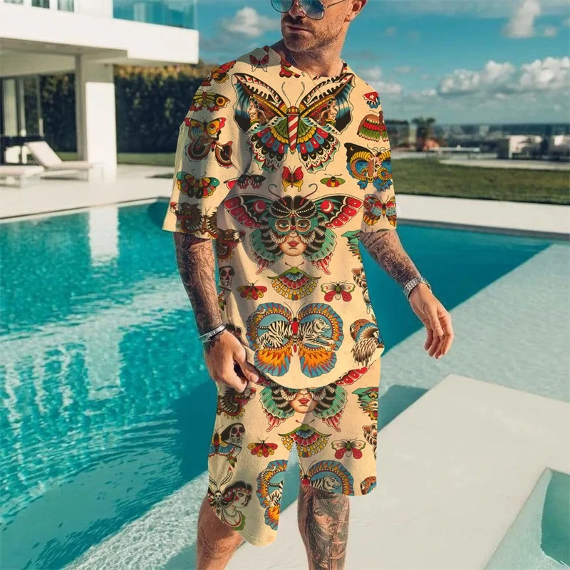 Vintage Dragon Pattern Print 2Pcs Men 3D Sets T-shirt +Short 2pcs set New Suit Hawaii Fashion Oversized y2k Casual Two Piece Set