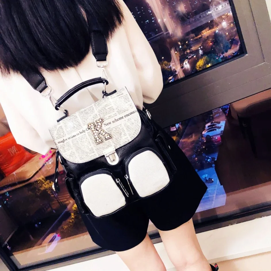 Female Casual News Paper Printing Iridescent Rhinestone Backpack Women Vegan Leather Travel Shiny Multi Pockets Daily Bagpack