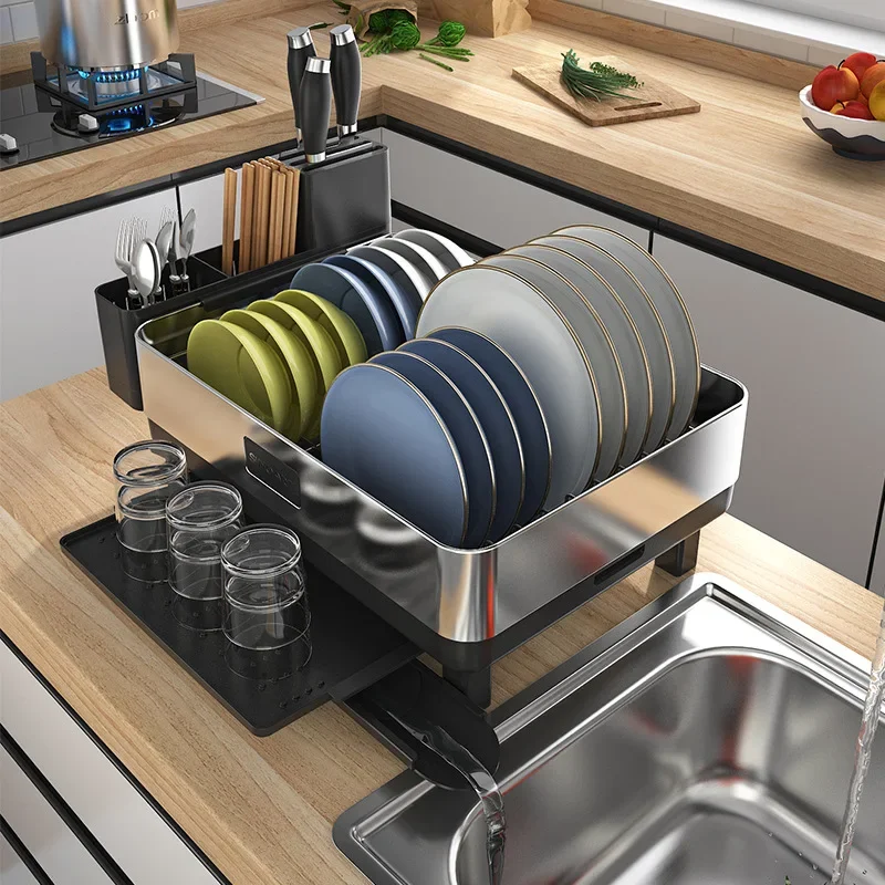 Stainless Steel Kitchen Dish Drainage Rack Double Layer Utensils Storage Cup Spatula Spoon Holde