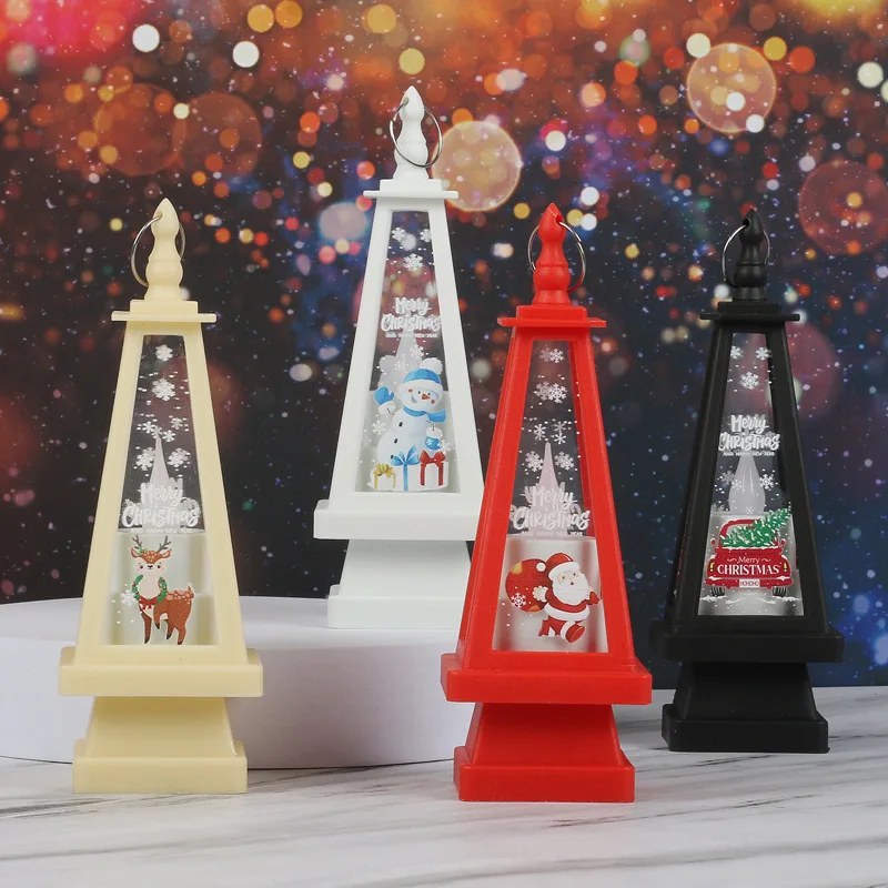 สามเหลี่ยม Tower คริสต์มาส Santa Claus Snowman โคมไฟ LED แขวนแสงเทียนโคมไฟน้ํามัน Xmas Party Home Decor Props