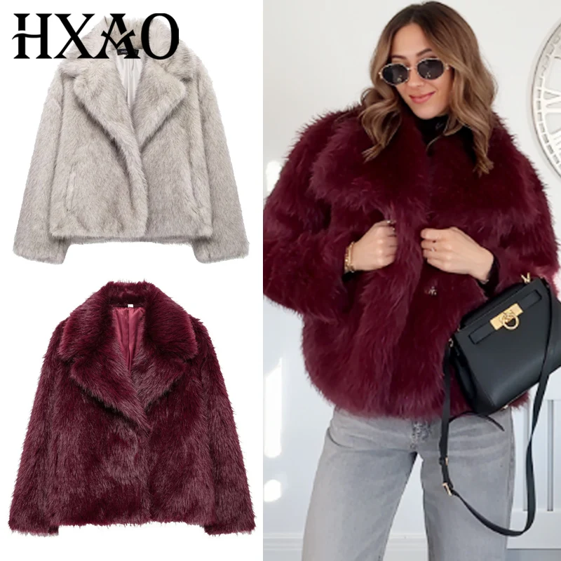 HXAO Faux Fur Coat Women's Jacket Autumn Winter 2025 Elegant Fluffy Red Grey Outerwears Female Plush Cropped Long Sleeve Jackets