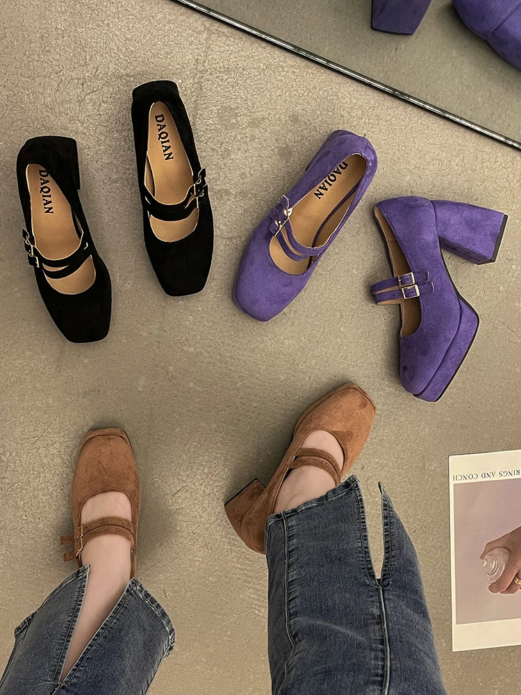 

Super High Heel Mary Jane Women's Shoes Winter 2022 New Fashion Vintage Buckle Suede High Heels