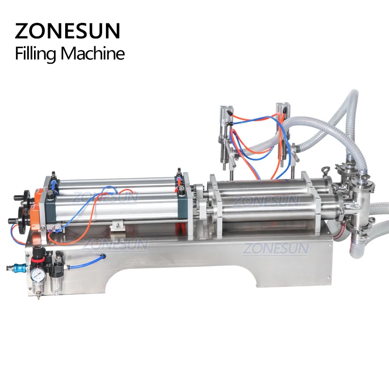 ZONESUN-máquina de llenado de líquido de pistón totalmente neumática, sistema de embalaje de embotellado de aceite de palma de Alcohol, 2 boquillas