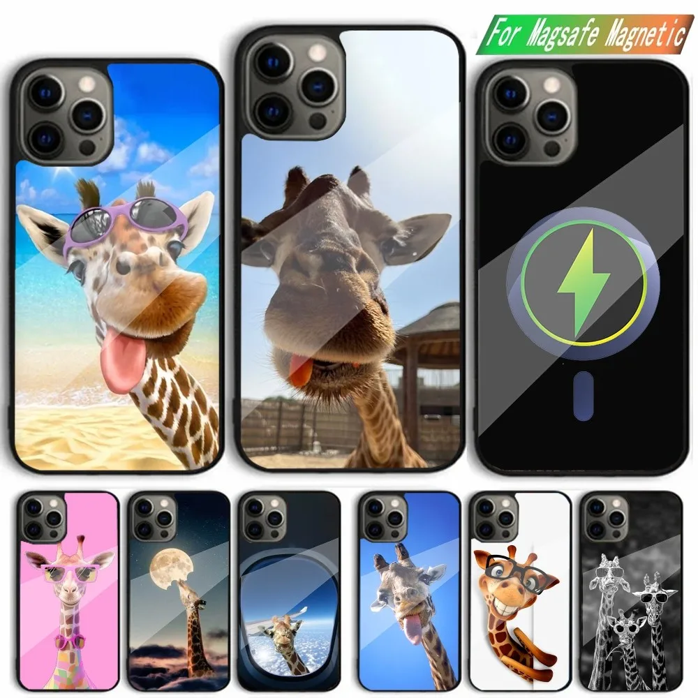 ยีราฟสัตว์เคสโทรศัพท์ตลกสําหรับiPhone 15,14,13,12,11,Plus,Pro,Max Mini Magsafeแม่เหล็กไร้สายชาร์จ