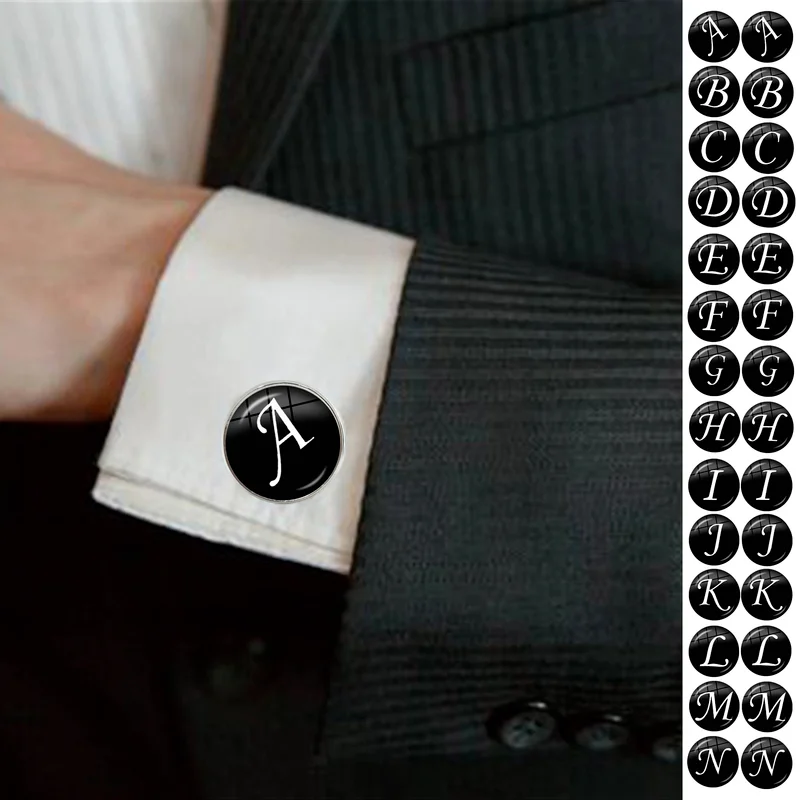 

Men's Fashion A-Z Letter Cufflinks Silver Glass Dome Letters Time Stone French Gentleman Shirt Wedding Cufflinks Cuff Nails