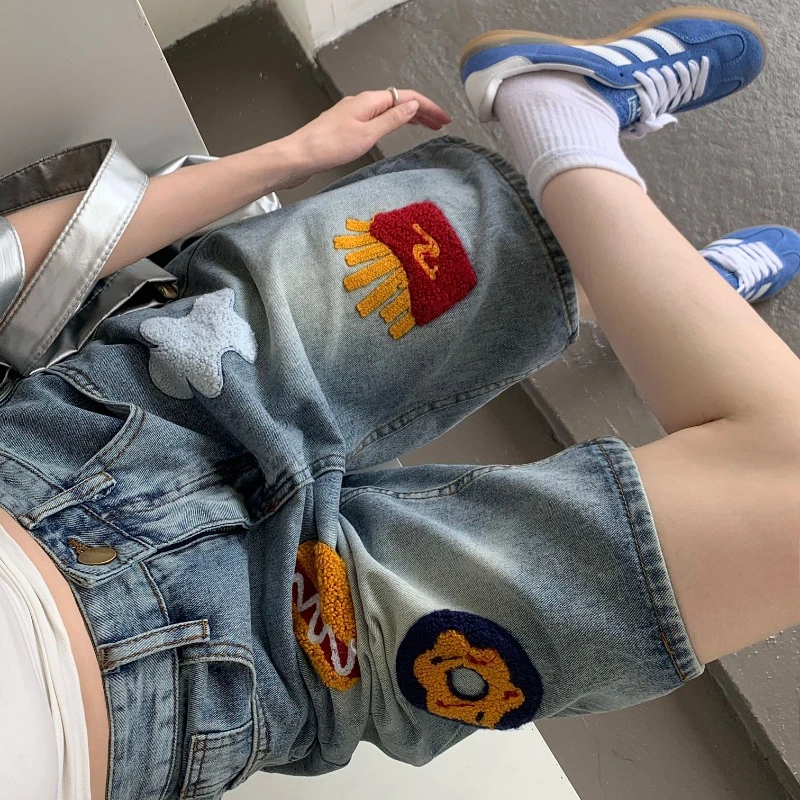 Washed Vintage Denim Pants Women Appliques High Street Straight Leg Loose Pants Fashion Casual Versatile Short Jeans Female