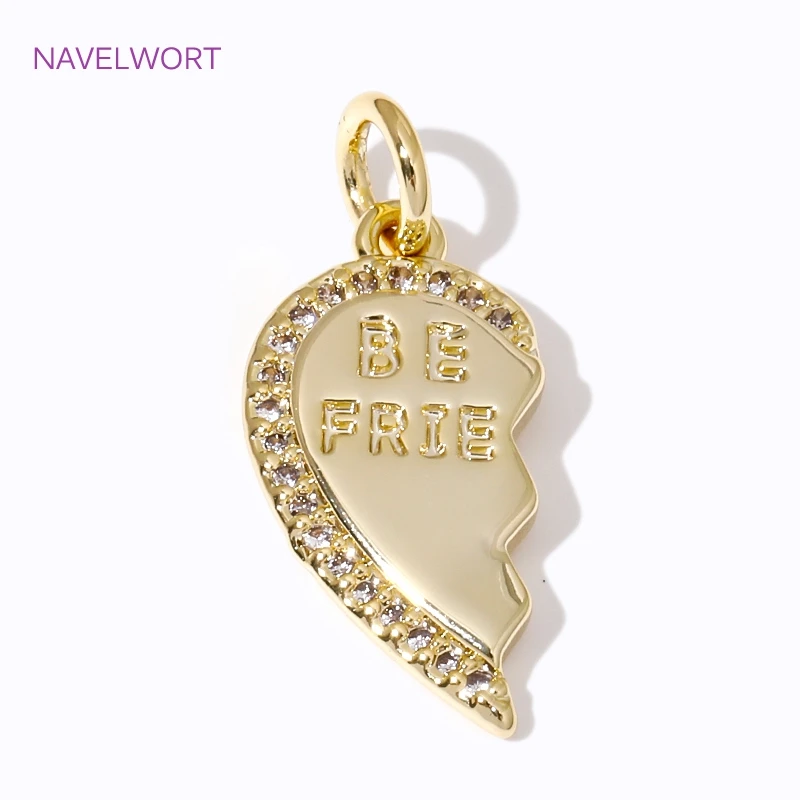 18mm*9mm 14K Gold Plated Engraved Best Friends Charms Brass Inlaid Zircon Heart-Shaped Pendants For Jewelry Making Accessories
