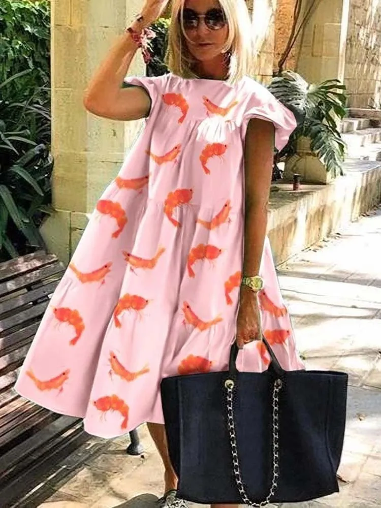 Women Fashion Floral Print Loose A-line Dress Summer Casual O-neck Ruffles Sleeve Boho Holiday Beach Midi Dresses Vestidos