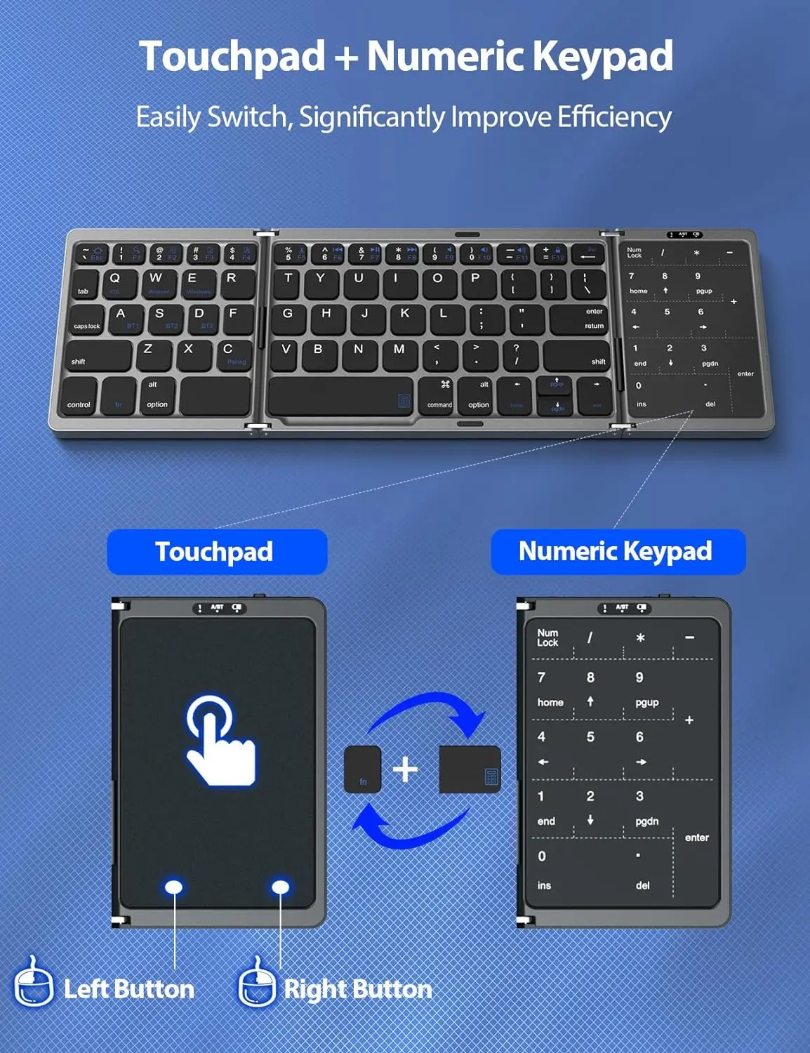 Foldable Keyboard,Portable MultiDevice Wireless Bluetooth Keyboard with Touchpad&Number Pad,Rechargeable Travel Folding Keyboard