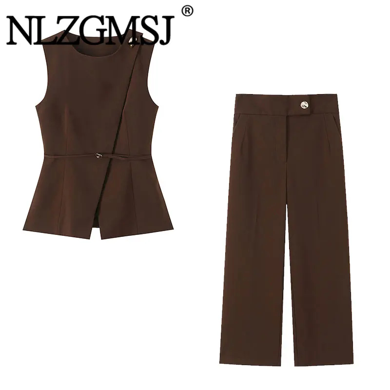 Nlzgmsj 2026 Frühling Damen Westen-Hosen-Set Gürtel-Dekoration Ärmellose Weste + Gerade Hose 2-teiliges Schickes Damen-Set