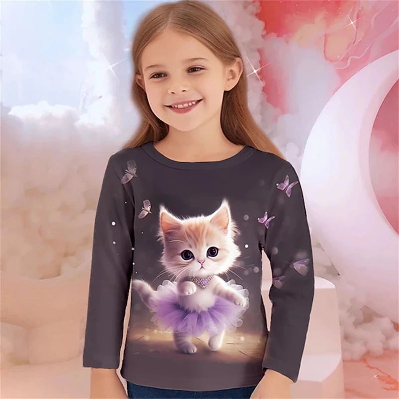 Gilrs 3d Graphic Cute Cat T Shirt Tee Long Sleeve Animel 3d Print Outdoor Clothes For Children Kids Tops Women Casual T-Shirts