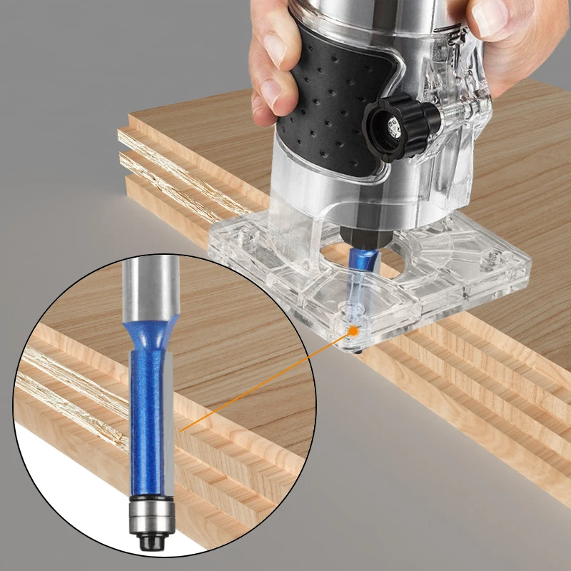 4pcs,1/2 Inch Shank Double Bearing Flush Trim Router Bit - Silver Blue Woodworking Milling Cutter, Electric Wood Milling Tools