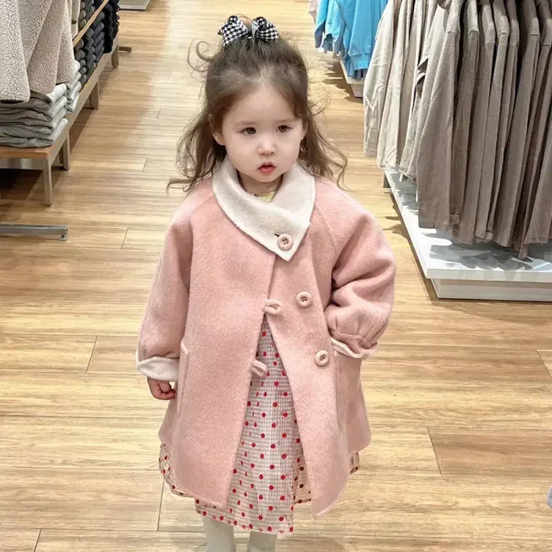 

Aged 2-9 Winter Girls Long Fashion Plus Cotton Coats Baby Princess Pink Lapel Korean Thickened Single-breasted Warm Windbreaker