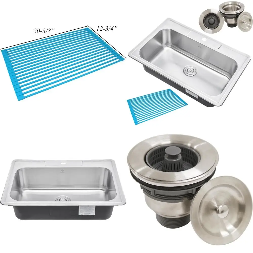 

Кухонная мойка из нержавеющей стали с верхним/встраиваемым монтажом, одинарная чаша, 33x22x9 дюймов, толщина 18 калибра, 1 отверстие для смесителя, с сифоном и сушилкой для посуды