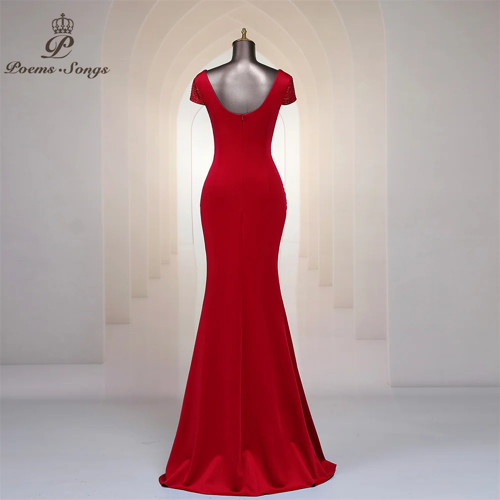 Red V Neck Long Evening Dress With Capped Sleeves Mermaid Side Split Maxi Heavily Beaded Dresses Prom Party Formal Maxi dress