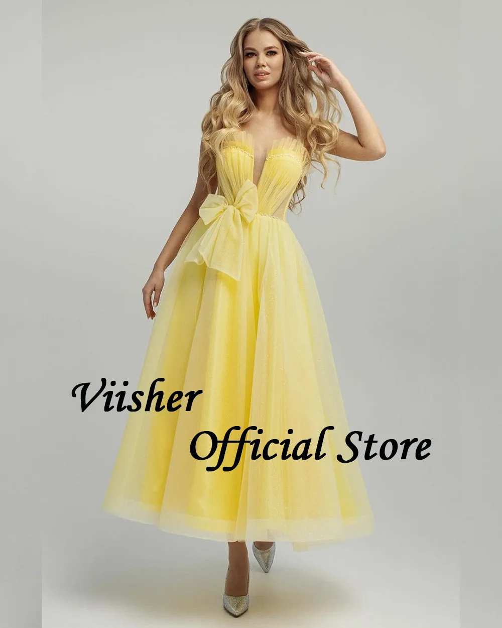 Viisher Yellow Tulle Prom Dresses with Bow Sweetheart A Line Evening Party Dress Ankle Length Celebrate Evetn Gowns