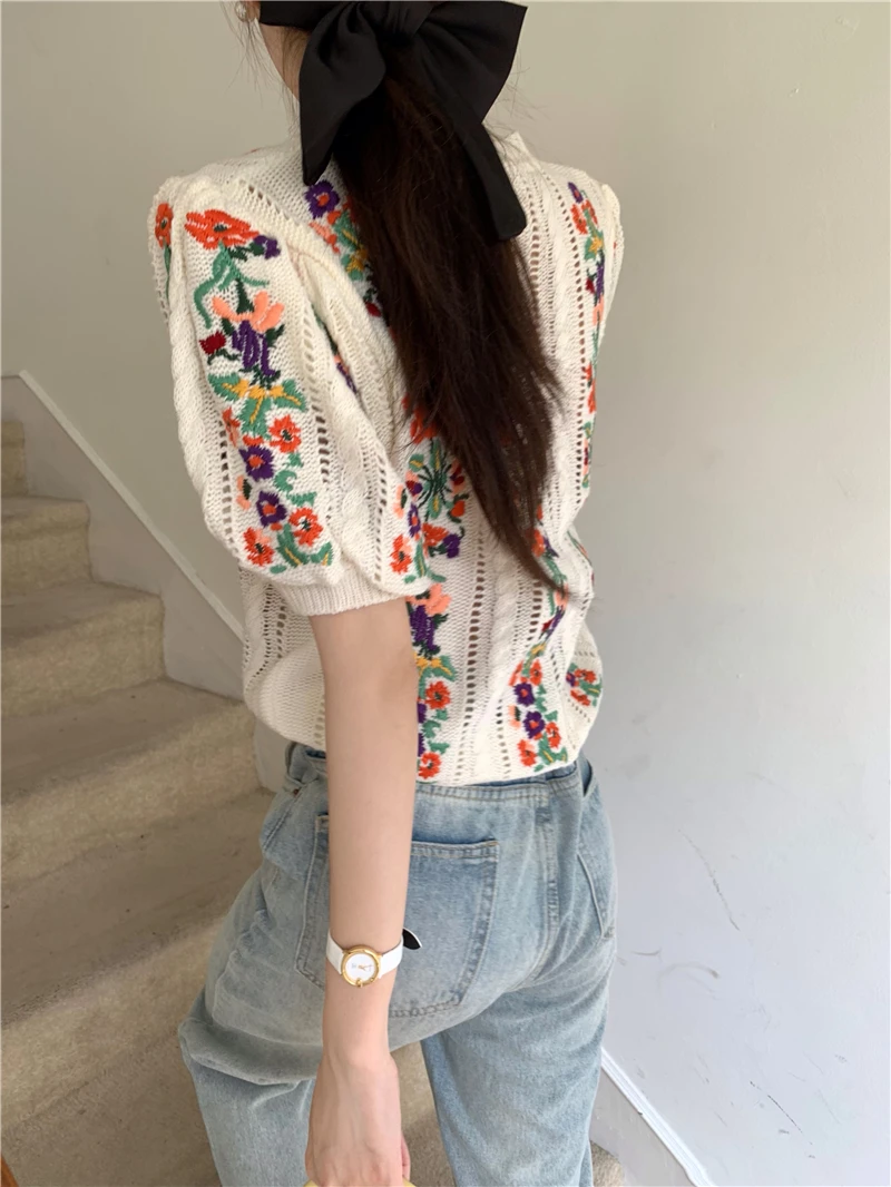 Vintage Embroidered Floral Sweater Women Summer Autumn Short Puff Sleeve Slim Knitted Tops Hollow Out Pullovers Jumpers