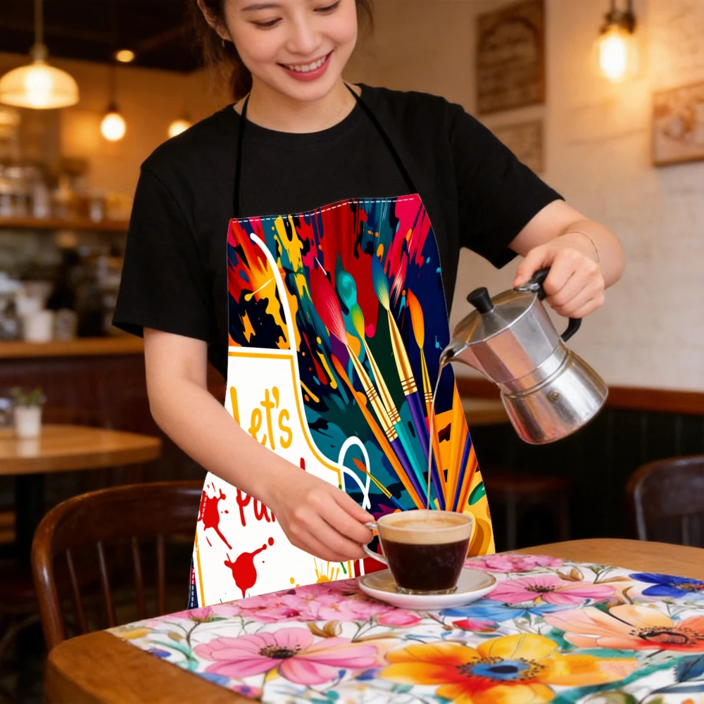 1pc Colorful Artistic Apron With Paint Palette And Brush Design Let's Paint Text For Kitchen Cooking Painting Craft Activities