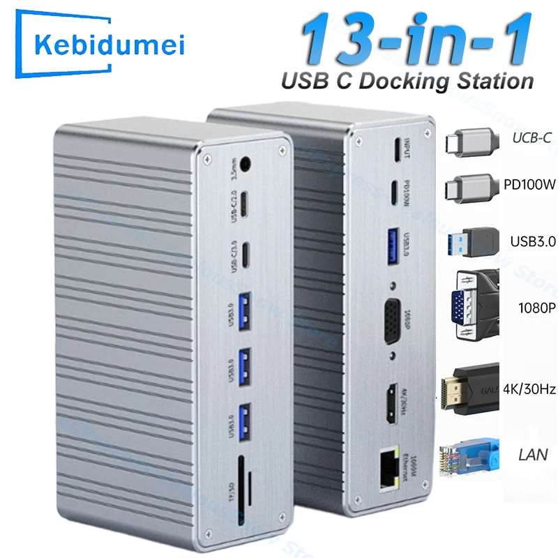 

USB-C Docking Station 13 Ports Hub 10Gbps USB-C to HDMI4K@60HZ PD100W SD TF Audio 3.5mm RJ45 1000M For Laptop PC Expansion Dock