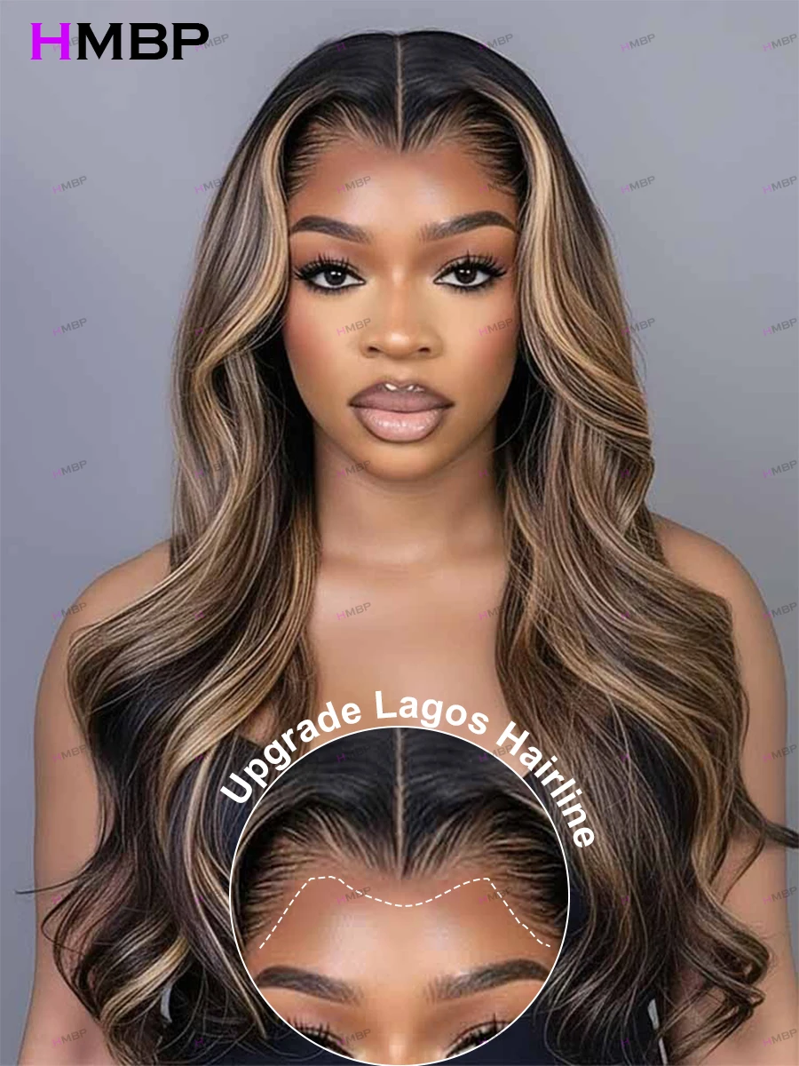 

Highlight Brown Lagos Hairline Glueless Wigs Upgraded 13x6 HD Lace Full Frontal Wigs Human Hair 450% Ombre Body Wave Pre Plucked