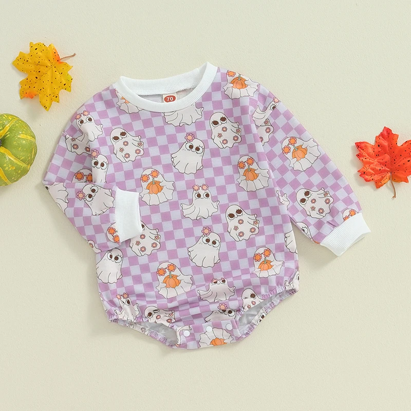 Baby Halloween Sweatshirt Romper 2024 Plaid Ghost Print Round Neck Long Sleeve Fall Loose Bubble Jumpsuit