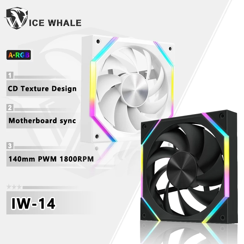 ICE 고래 IW-14 컴퓨터 섀시 선풍기, ARGB 4 핀 PWM 저소음 냉각 선풍기, 12V 대용량 풍량, 61.5CFM, 800-1800RPM 환풍기, 14cm