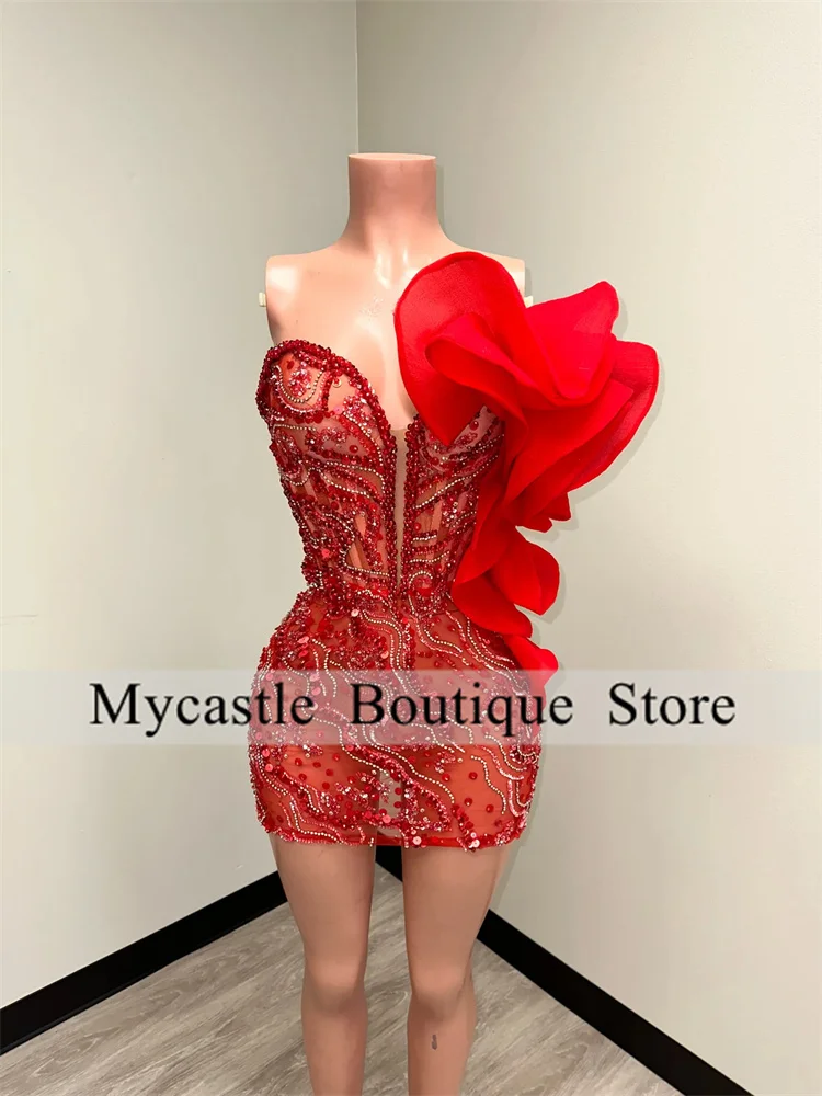 

Sexy Red Lace Short Mermaid Prom Dresses 2025 Beaded Ruffles Mini Cocktail Dresses Birthday Party Gowns Customized