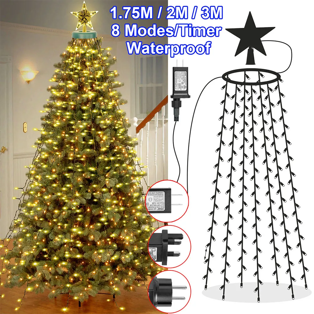 Lumières de cascade d'arbre de Noël à LED, 8 modes, étanche, 490 gible, extérieur, météore, étoile, nickel é, guirxiété lumineuse, jardin, décor de fête de Noël