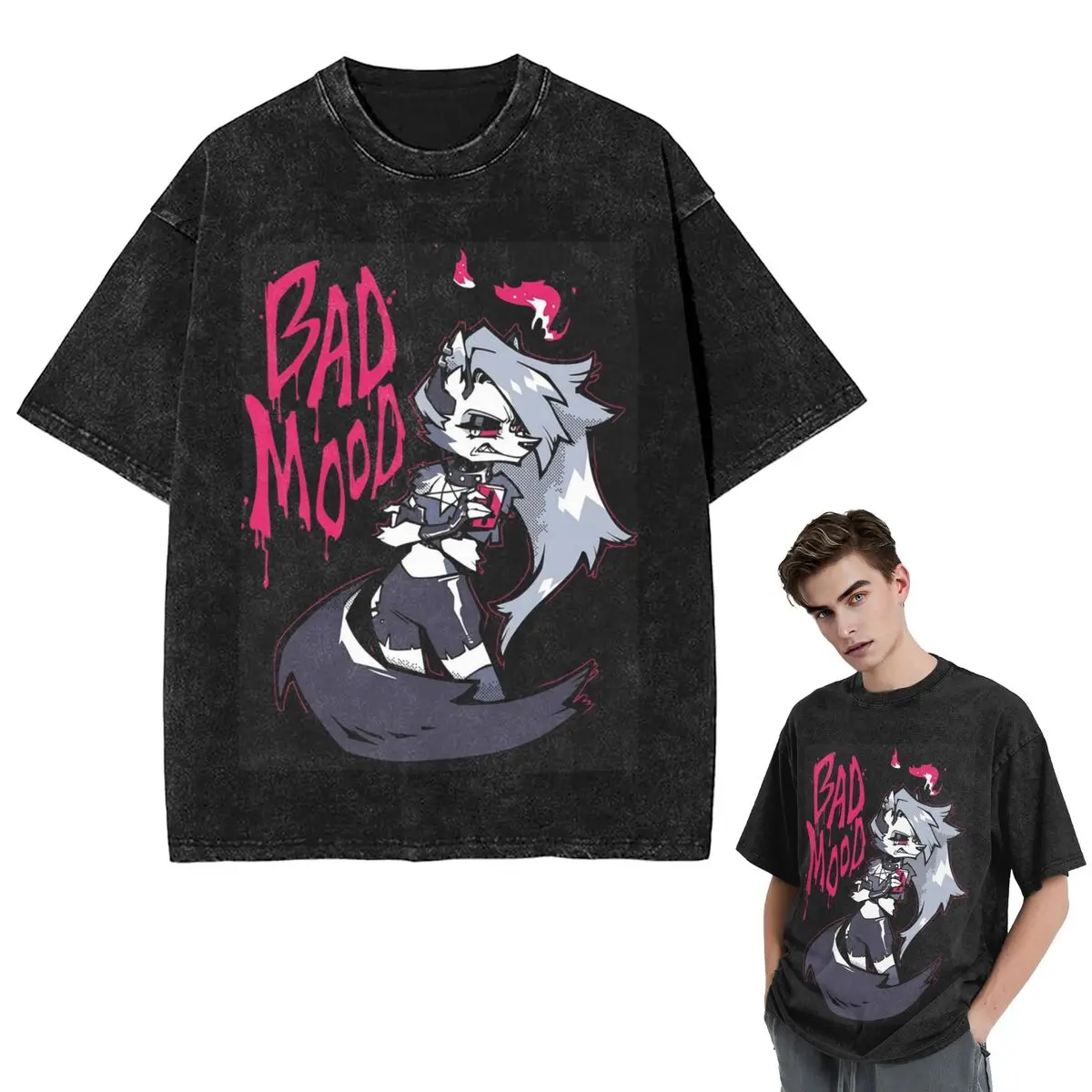Streetwear T-Shirts Loona Collage Helluva Boss Anime Washed T Shirt Short Sleeve Hip Hop T-Shirt Tops Tees for Men Women