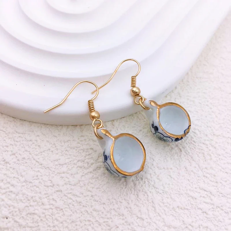 Modern Handmade Ceramic Cup Design Earrings for Women Blue White Enamel Trendy Golden Color Earrings Gift Wholesale