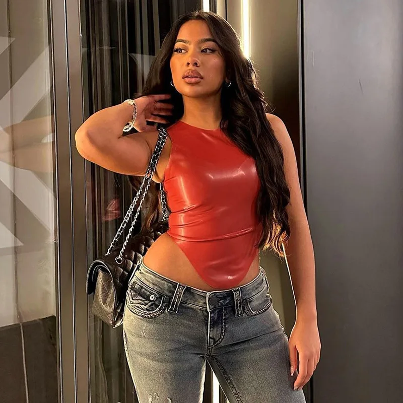 

Leather Crop Top round Neck Sleeveless Irregular Hem Chicks Style Women's High Waist Long Pants Summer Fashion Upper Body