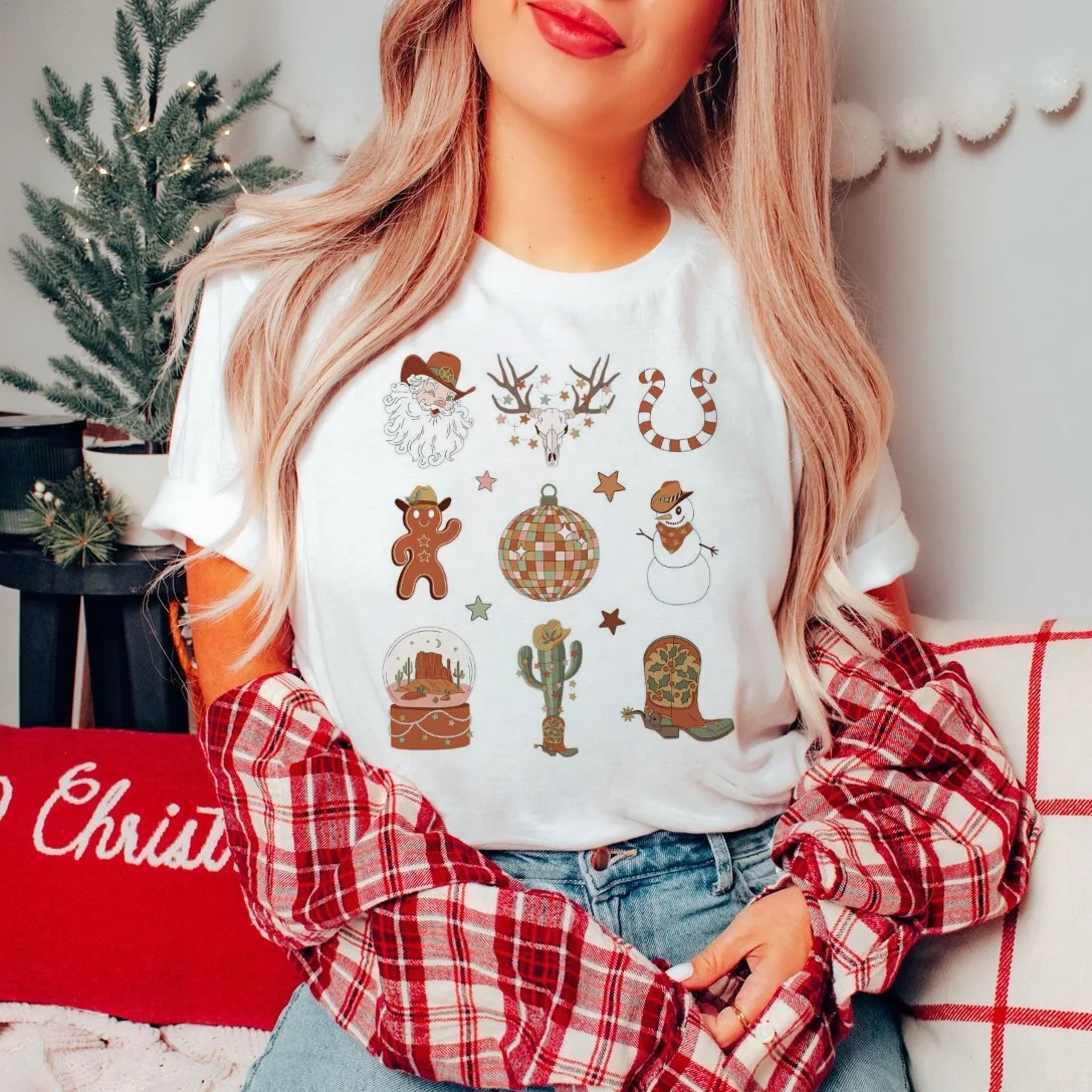 Vintage Western Doodles Christmas Printed Cute Christmas New Year Short Sleeve Printed Cartoon Pattern Harajuku Style Top T-Shir