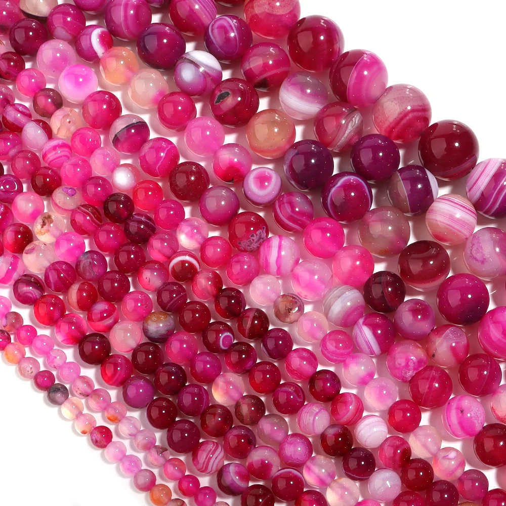 Natural Hot Pink Stripes Agates Beads Loose 4/6/8/10/12mm Round Stone Bead for Jewelry Making DIY Bracelet Necklace Accessories