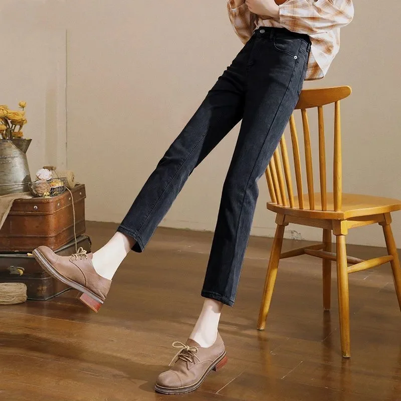 한국식 스트레이트 레그 청바지 여성 빈티지 하이 웨이스트 탄성 슬리밍 크롭 팬츠 부드러운 실루엣 가을/겨울