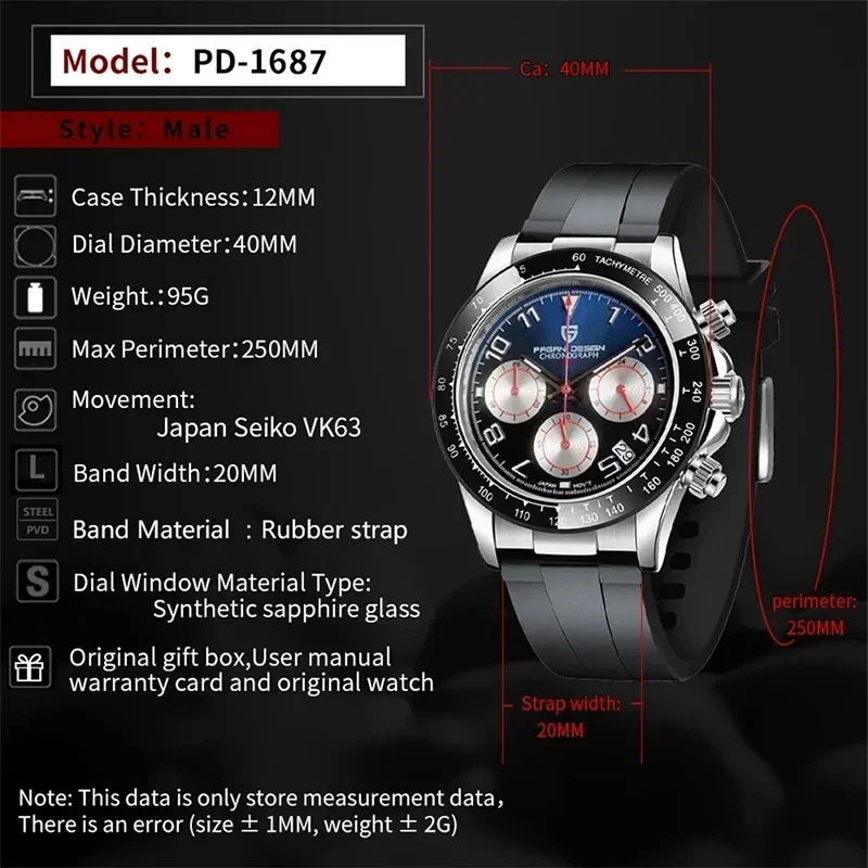 PAGANI DESIGN Luxury Brand Rubber Quartz Chronograph Watch Men Japan VK63 Movt Sapphire Glass Waterproof Clock Reloj Hombre